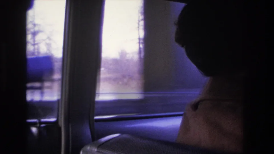 Dark silhouette of a woman at the wheel, photographed from the back seat in 8mm home movie footage circa 1966, bare winter trees and a utility tower visible through the window.