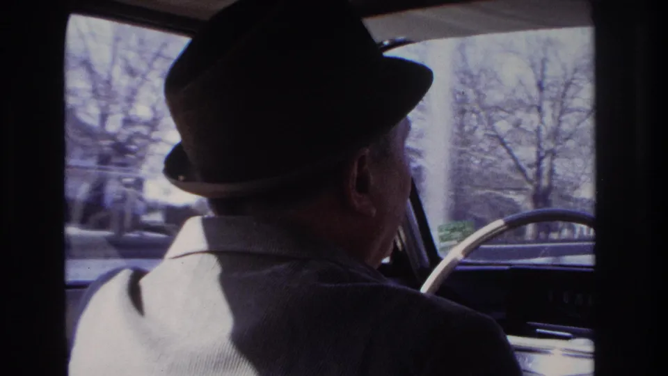 Backseat view in a 1966 Hoboken car interior showing the driver at the wheel and blurred roadside trees ahead.