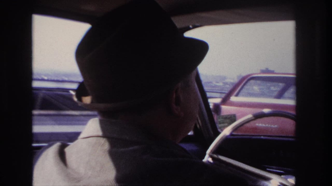 Driver in profile silhouette with a red car and roadway visible through the window.