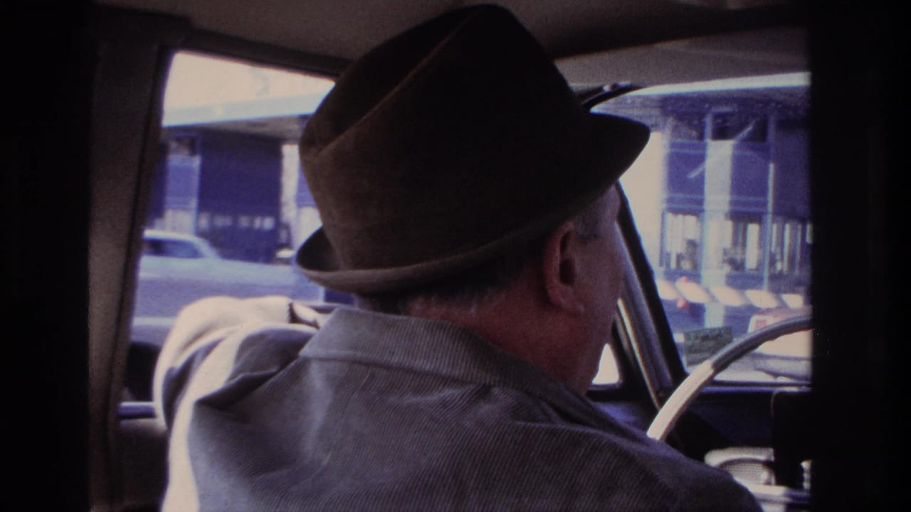 Interior car view of the driver in a brown fedora, with toll booth structures and another vehicle visible through the windows.