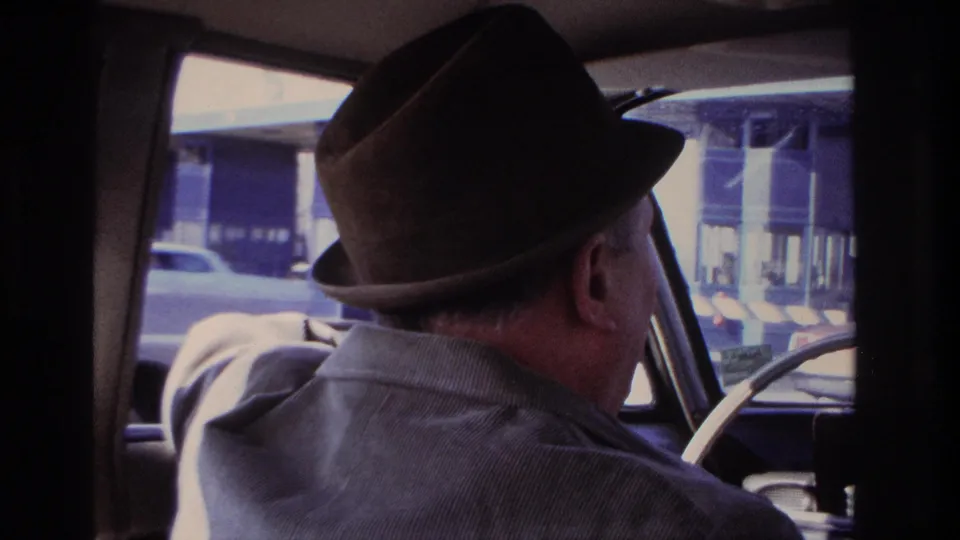 Interior car view of the driver in a brown fedora, with toll booth structures and another vehicle visible through the windows.