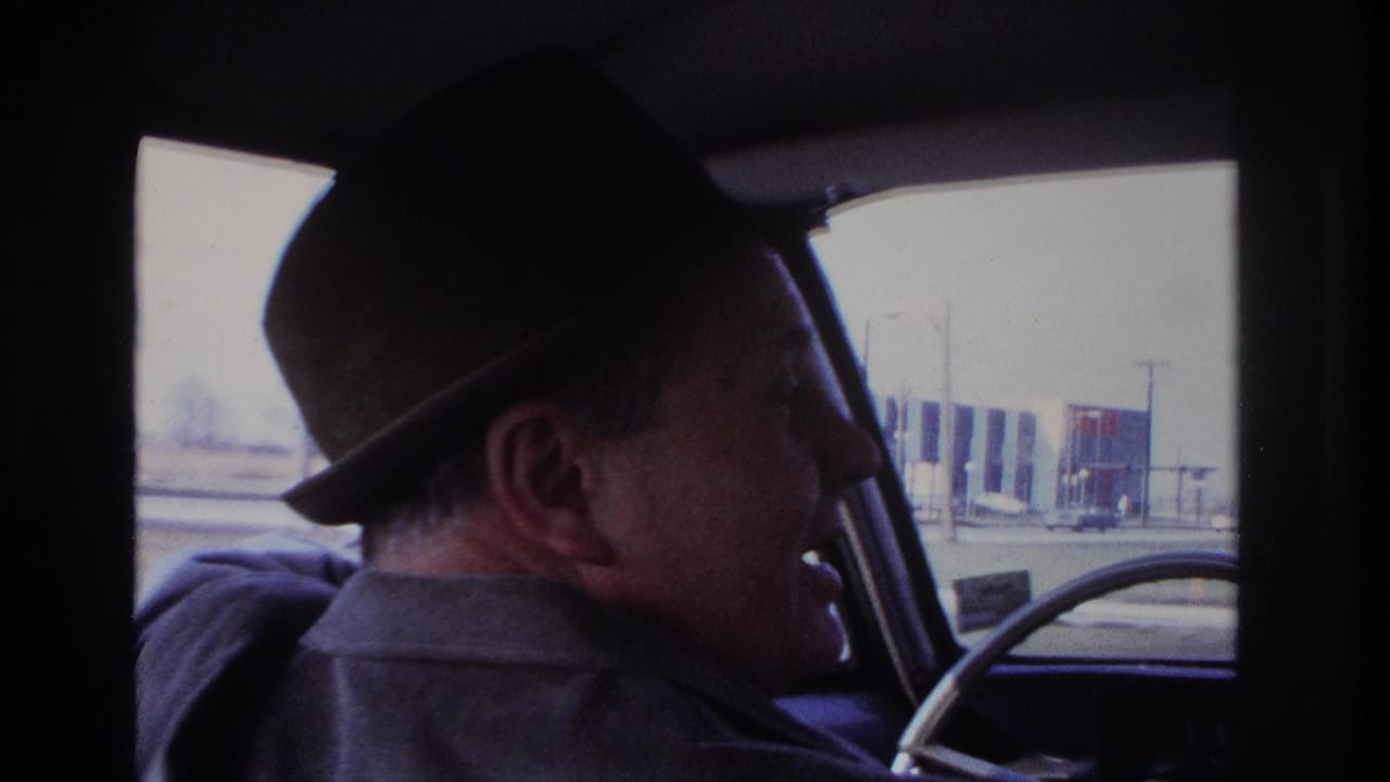 Side profile of the driver in a dark hat, with buildings visible through the car window.