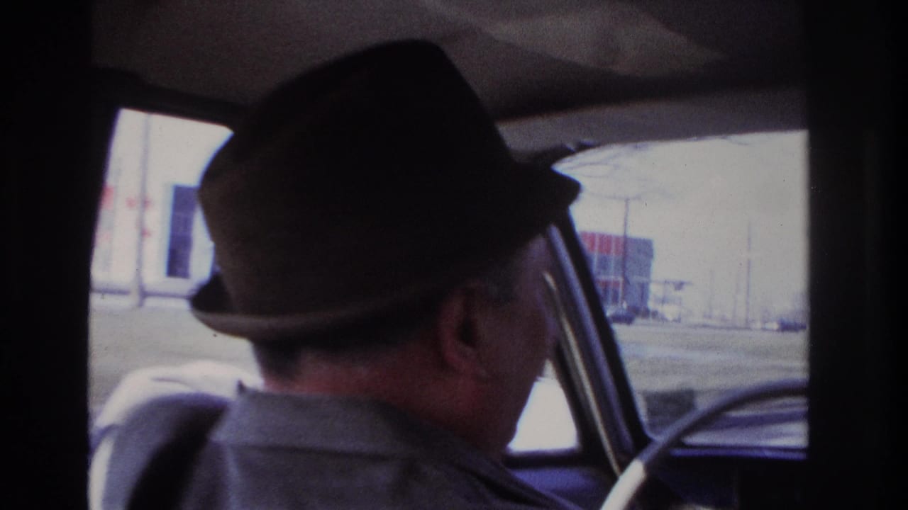 A closer rear-side view shows the fedora-wearing driver inside the car, with a bright street scene beyond the glass.