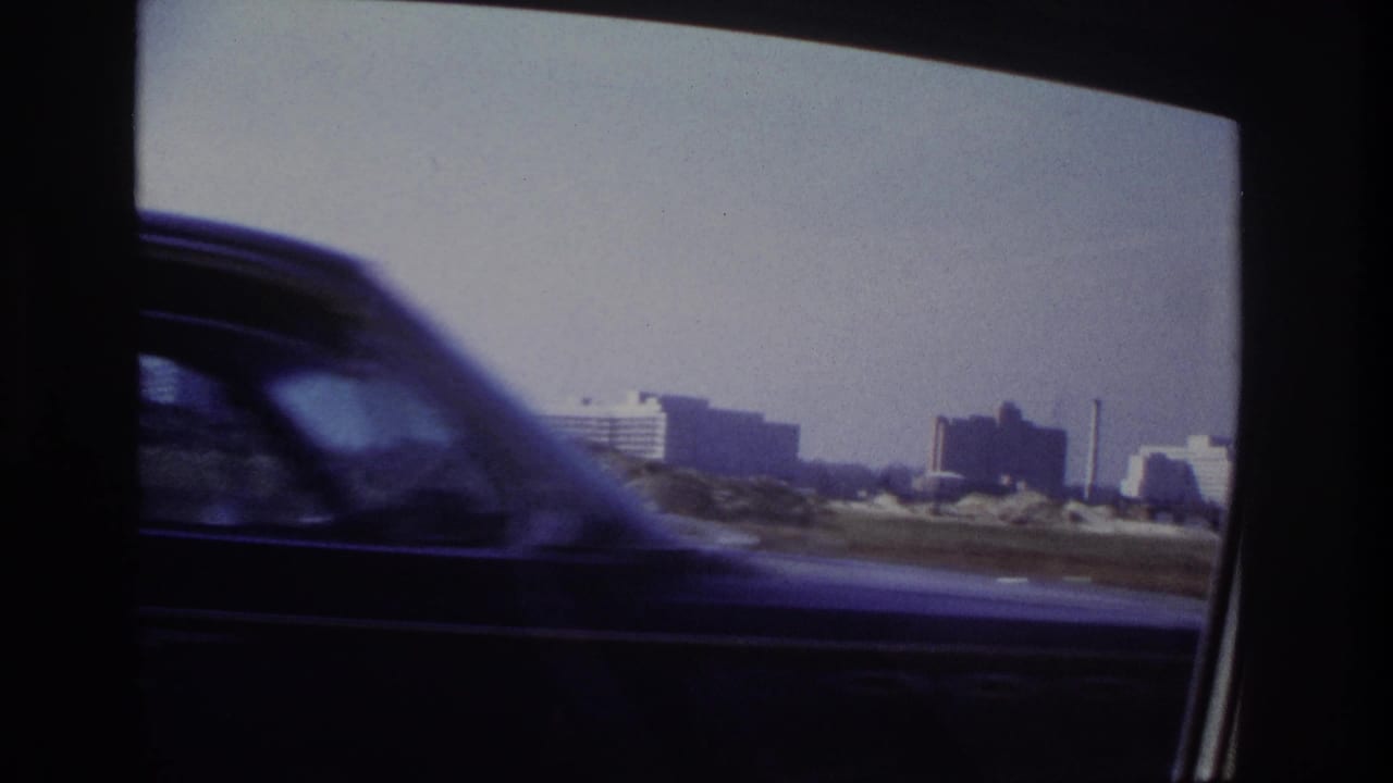 A dark car passes in the foreground with distant buildings behind it.