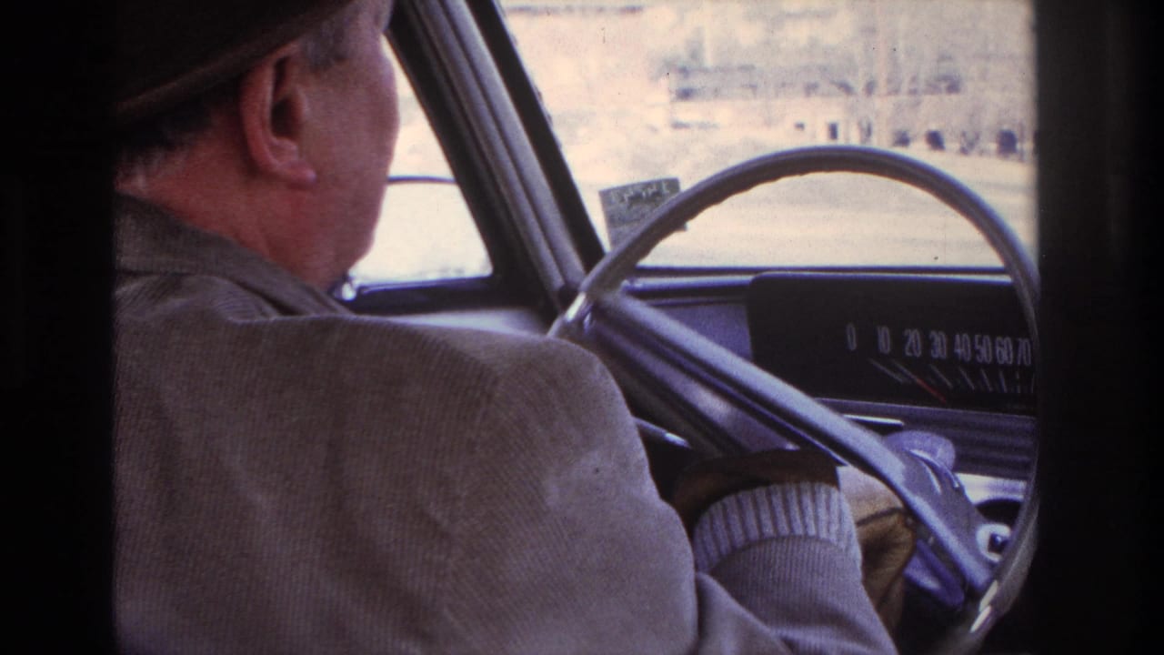 Rear-seat view of a man in a hat and jacket driving an older car, with dashboard details and bright exterior scenery ahead.