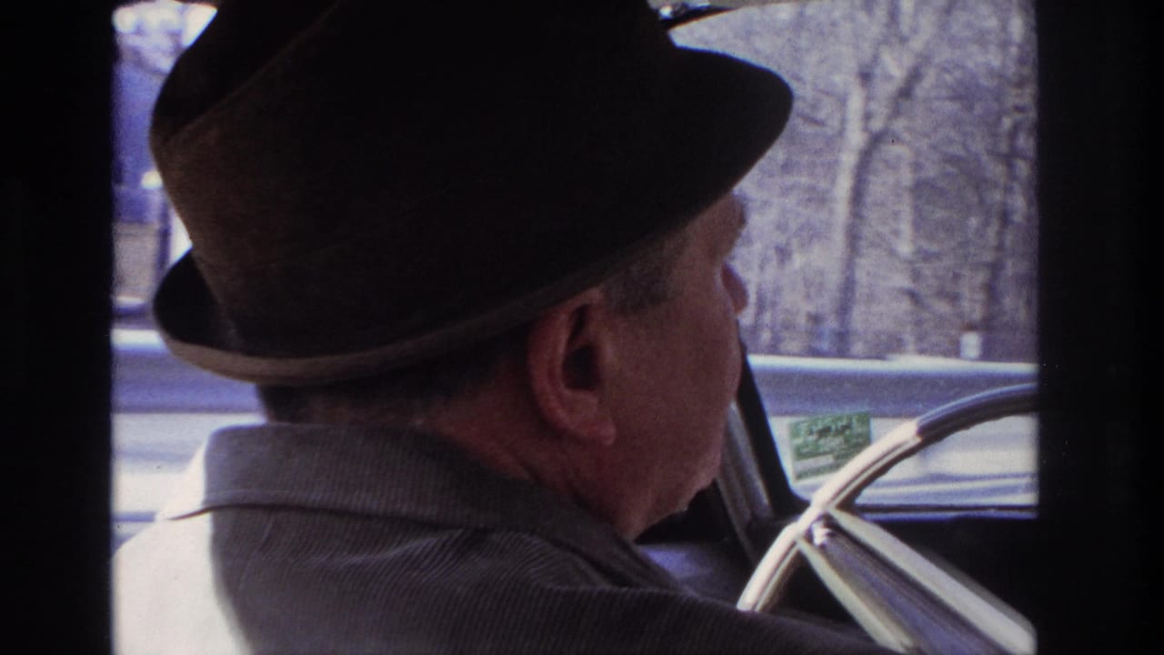 Side-profile view of the man driving in the 1966 Hoboken-area clip, with the steering wheel and roadside trees visible through the window.