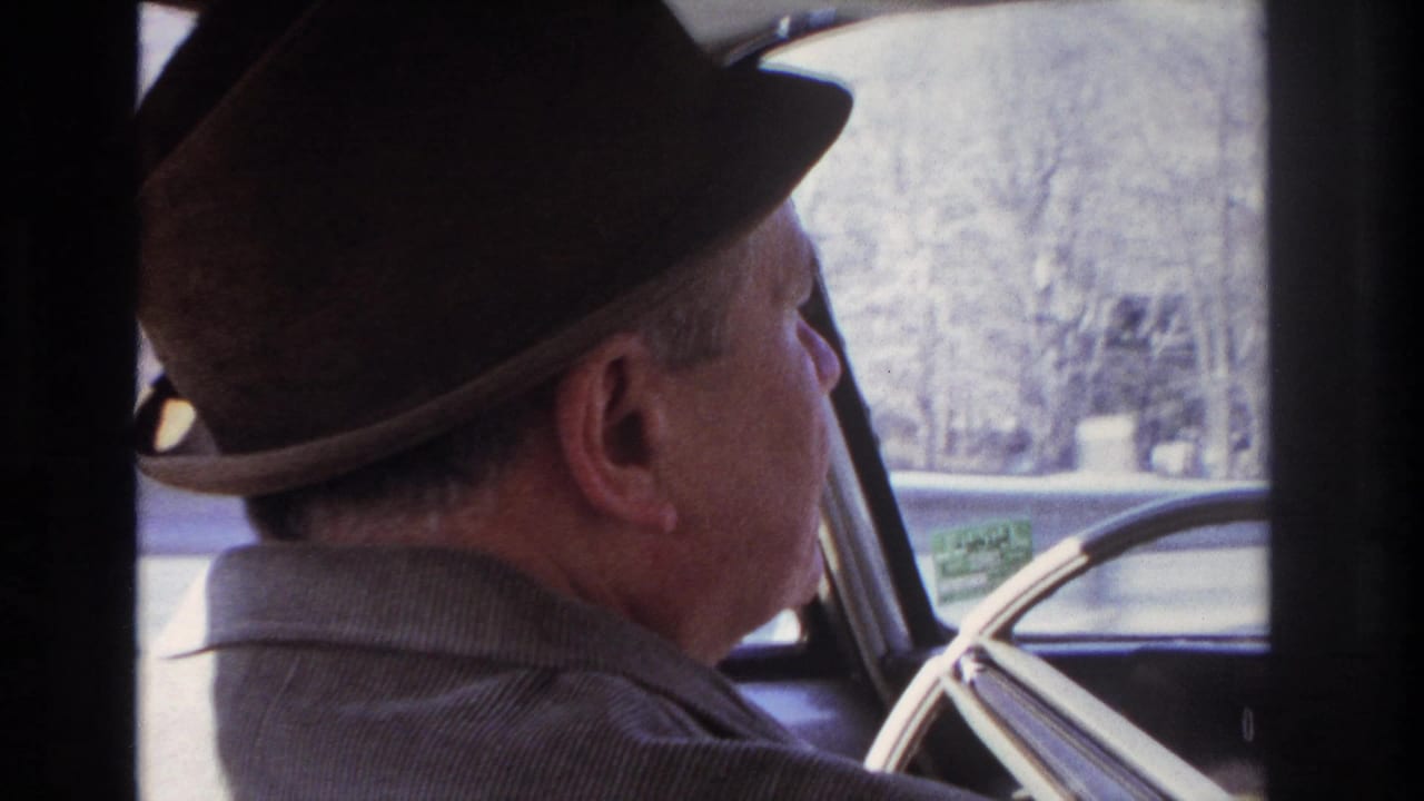 Home-movie frame from the car interior showing the fedora-wearing driver in profile, with bare trees and a pale roadside background outside.