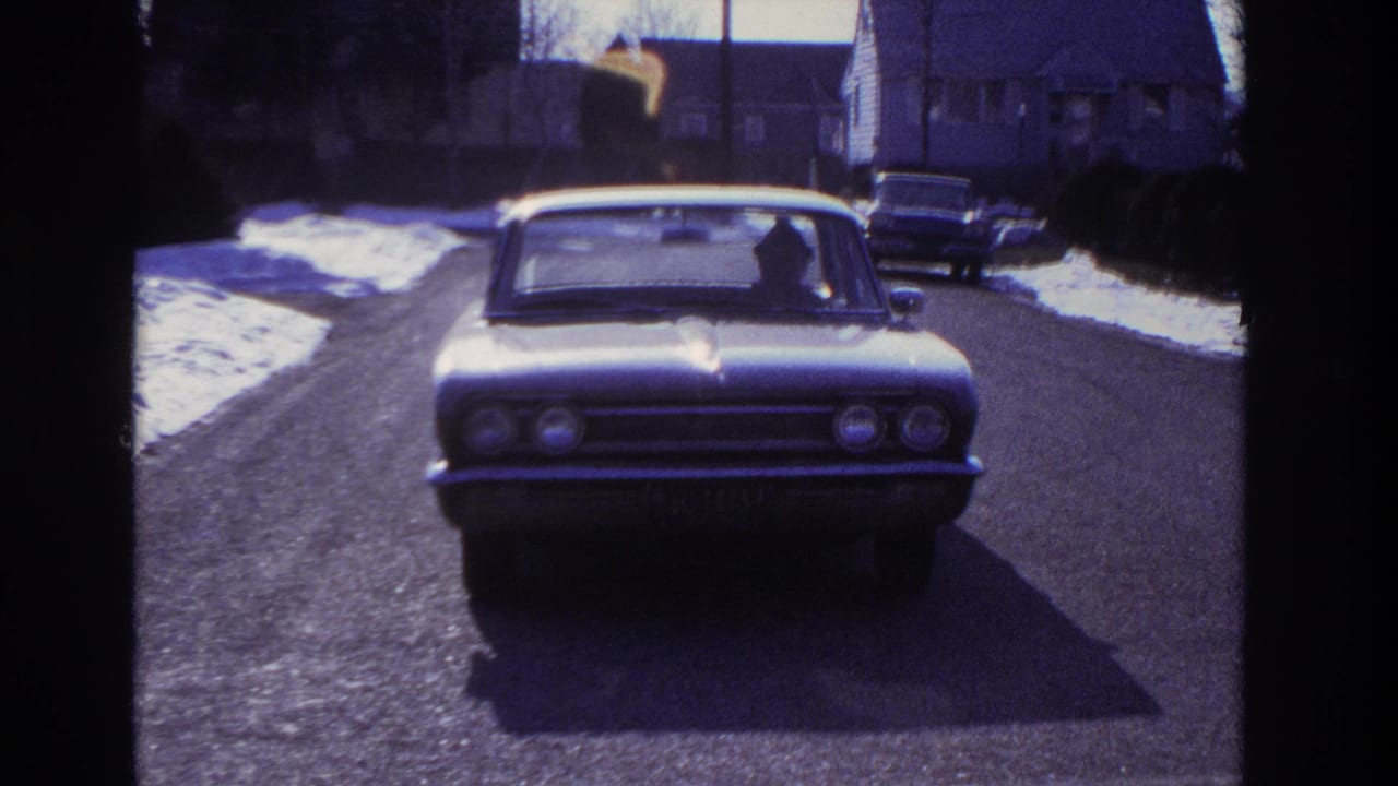 Light-colored sedan driving toward the camera on a snow-lined residential street.