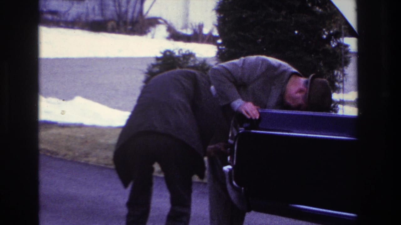 The final frame holds on a man bent over the sedan's rear area, with driveway, lawn, snow patches, and shrubs behind him.