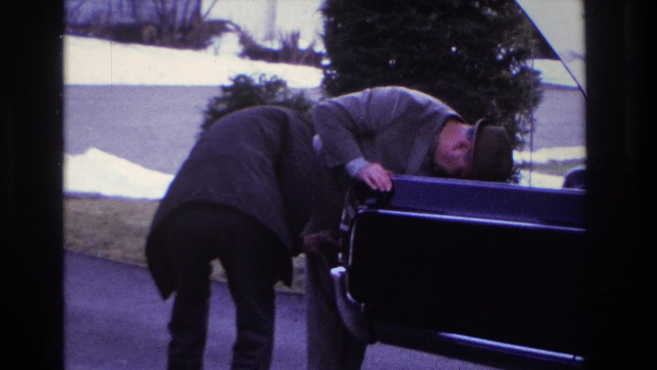 Two men continue leaning over an open car beside a snowy lawn.