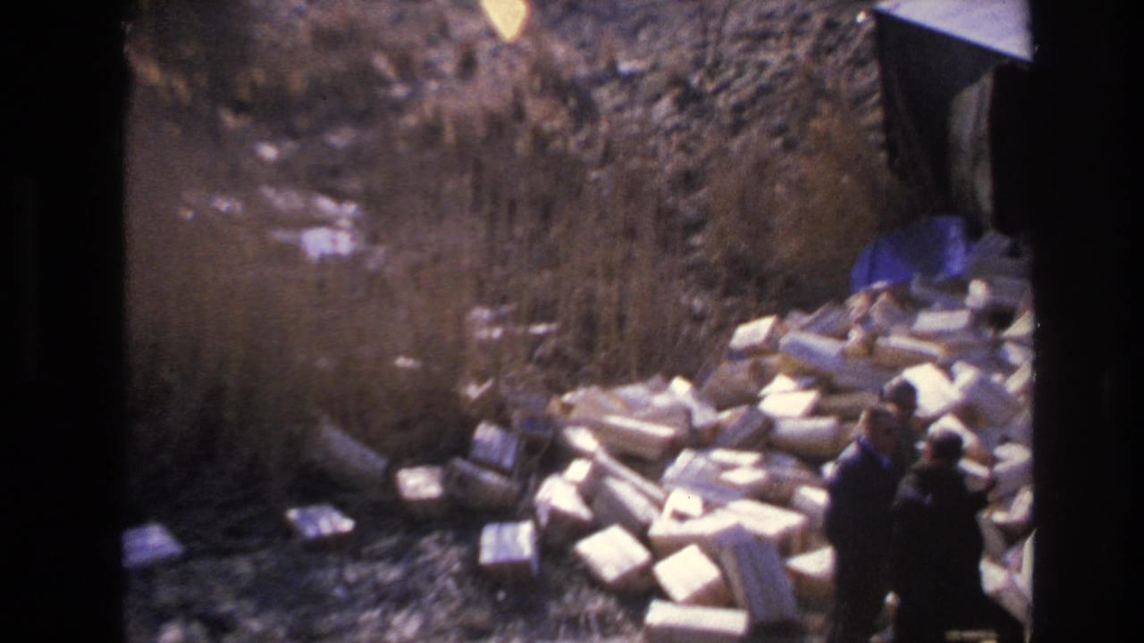 Several men stand beside a large pile of white blocks near the side of a truck or trailer.