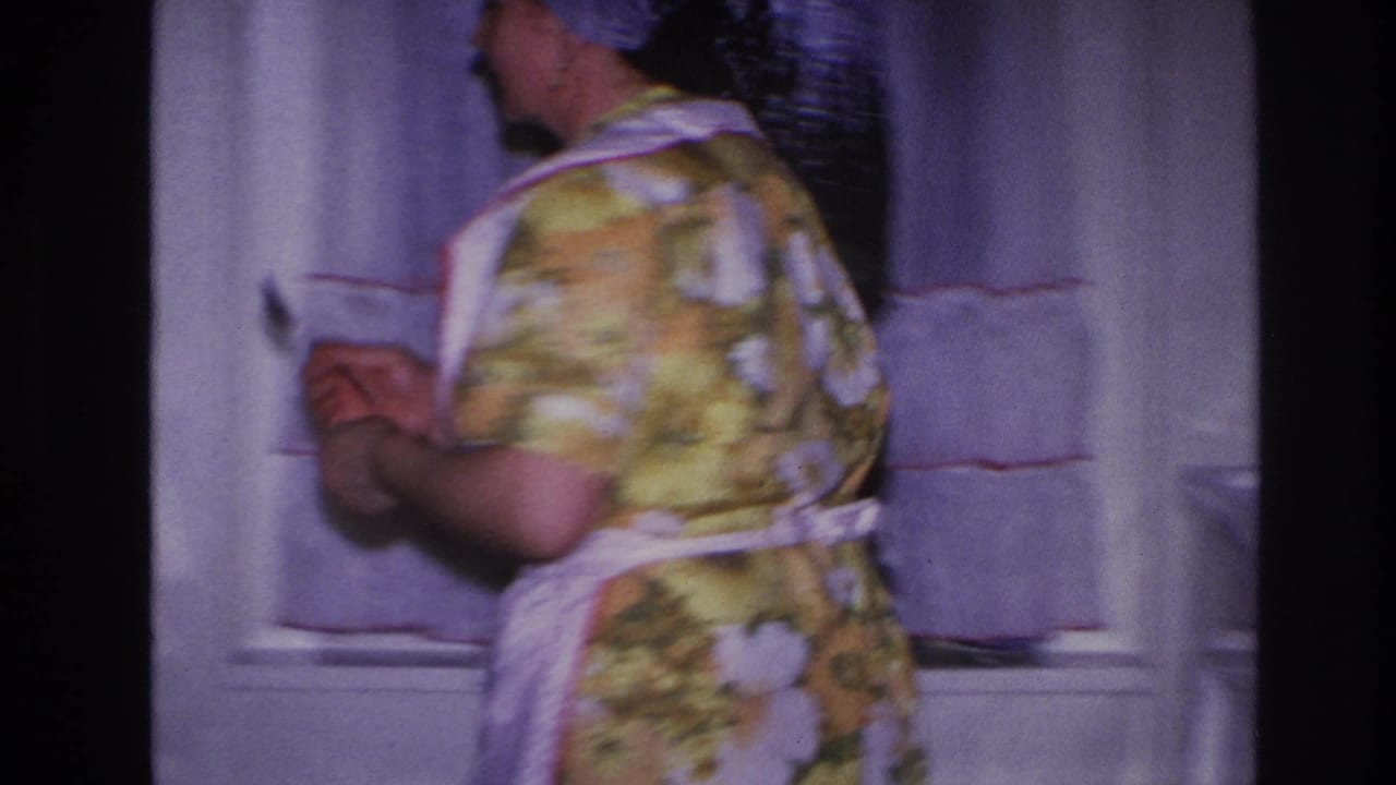 Woman in headscarf and apron stands side-on by paneled doors holding a plate.