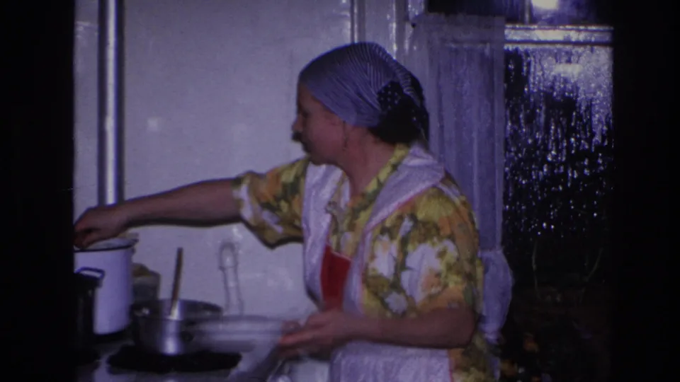 The woman reaches toward a pot or pan on the stovetop, with a plate nearby in the compact 1966 kitchen interior.