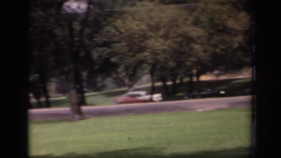 1966 Sacramento park view with grass, mature trees, and mid-century cars moving along a background road.