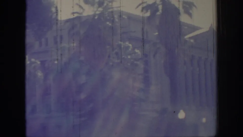 Soft 8mm Sacramento frame with palms, a large building, street lamps, and heavy blue-purple film cast.