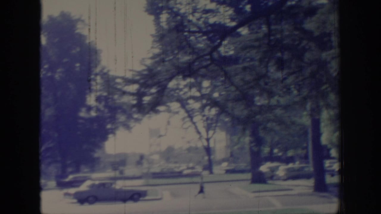 End frame of the 1966 Sacramento street view with a car near the curb, dense tree canopy, palms, and a distant pedestrian figure.