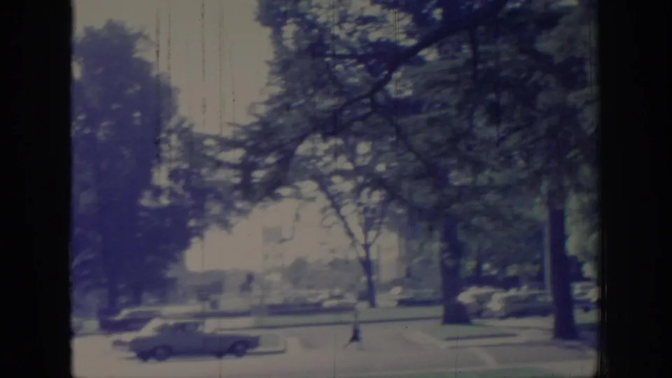 End frame of the 1966 Sacramento street view with a car near the curb, dense tree canopy, palms, and a distant pedestrian figure.
