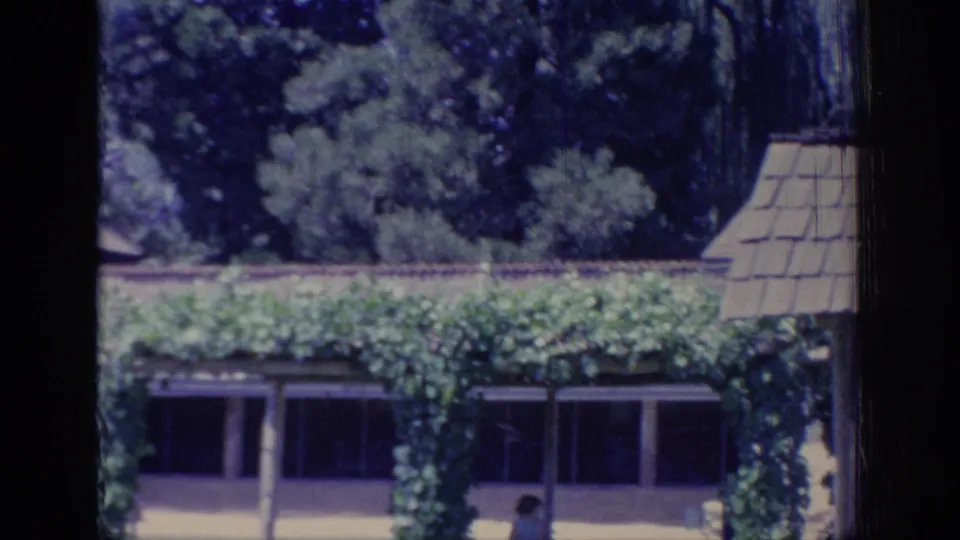 1966 Sacramento frame showing ivy over a low arbor, cottage windows, trees, and a partial person near the lower right edge.