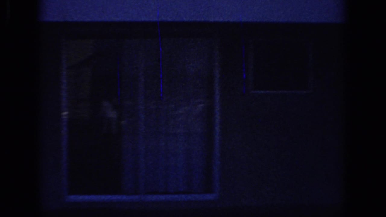 Blue-lit house exterior with window shapes and foreground vertical bar.