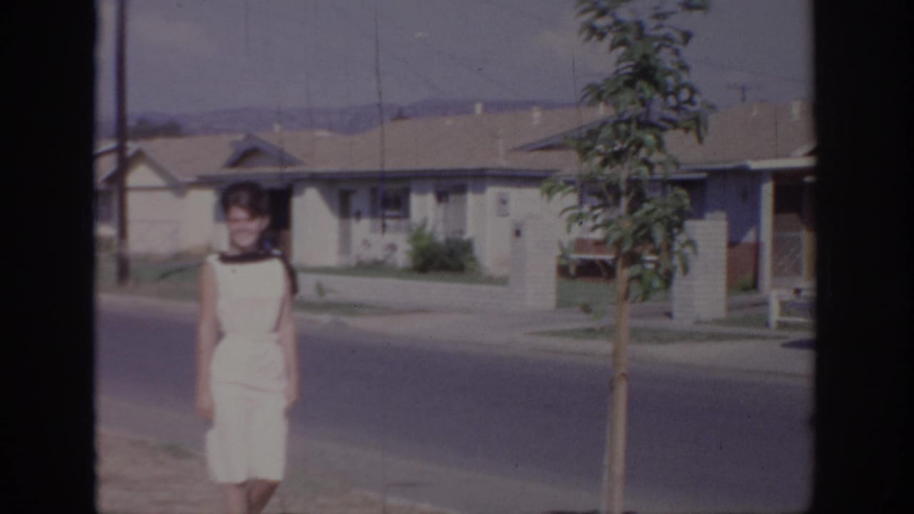 Woman walking near the curb with a young tree and single-story houses across the street.
