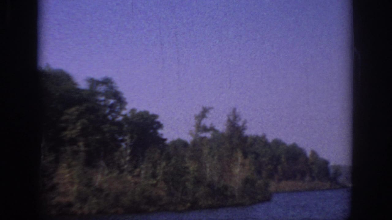 1966 Sacramento-area 8mm frame with a wooded bank, open blue water, soft focus, and dark vertical film borders.