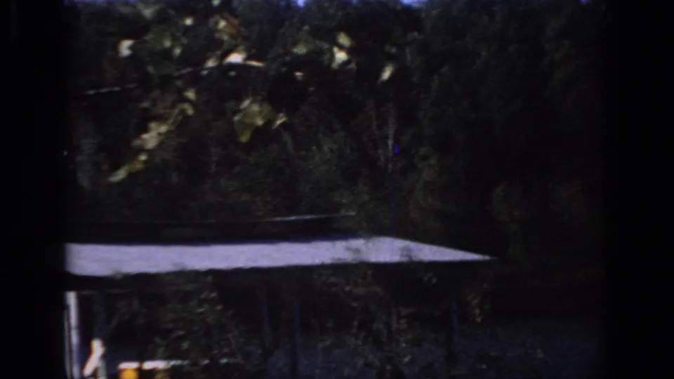 1966 Sacramento-area home-movie frame showing a covered lakeside structure, trees, and dark water in soft 8mm focus.