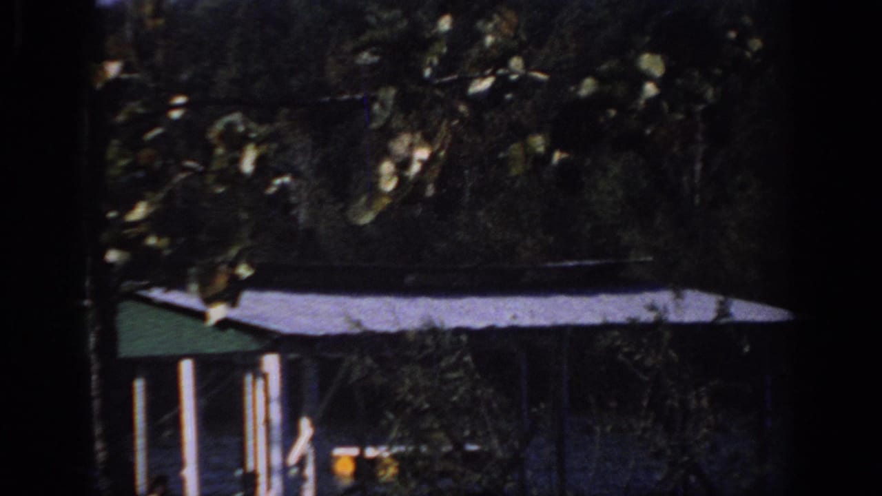 1966 Sacramento-area 8mm frame showing a shaded covered dock beside blue water, partly obscured by trees and heavy vignetting.