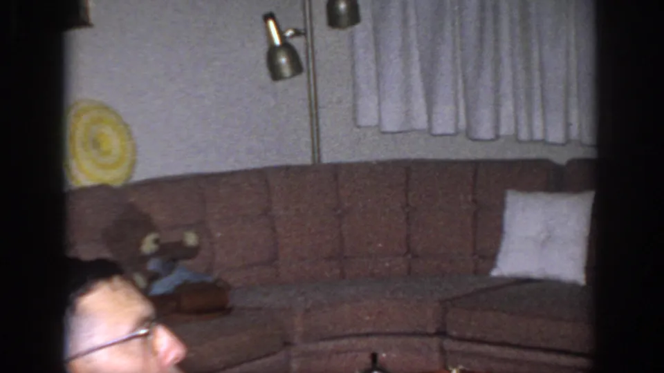 1966 Sacramento frame with a partial adult face in glasses below a living room sofa, curtains, floor lamp, and household objects.