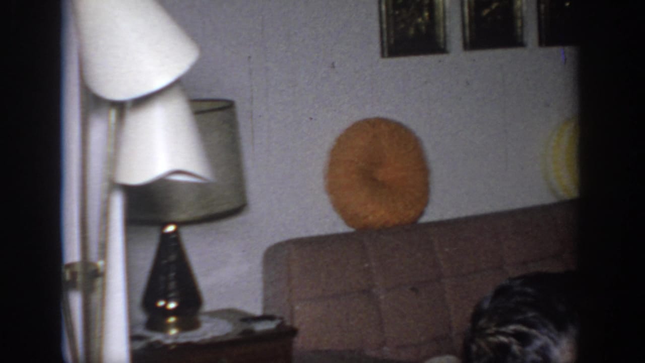 1966 Sacramento home interior showing floor and table lamps, sofa, orange pillow, side table, doorway edge, and partial adult head.