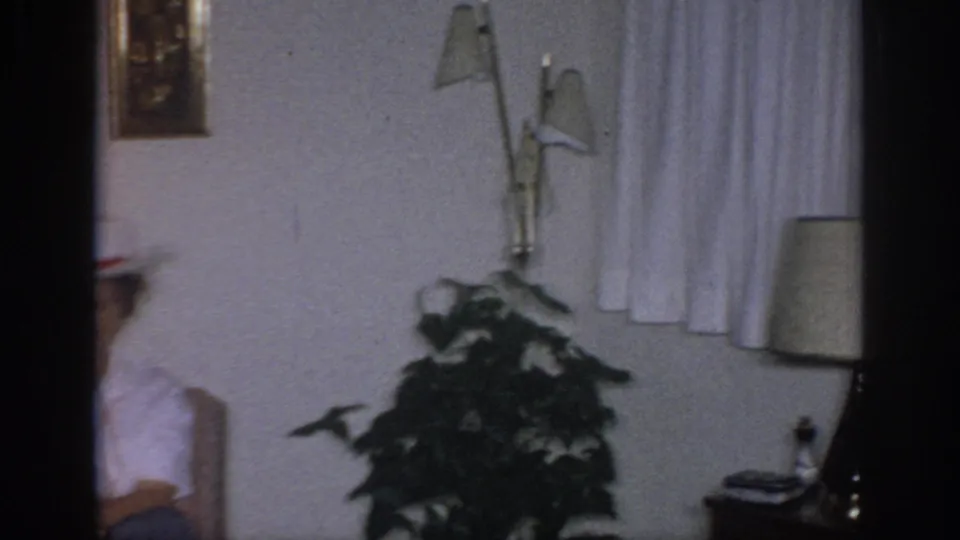 1966 Sacramento home-movie frame of a living room interior with a partly visible seated adult, plant, curtains, wall lamps, and table lamp.