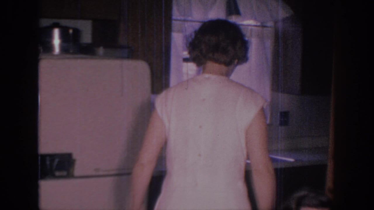 1966 Sacramento home-movie frame showing a woman from behind in a mid-century kitchen with refrigerator, counter, and sink area nearby.