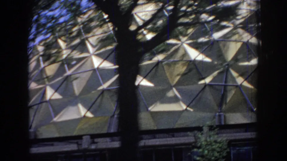 The dome-like patterned facade appears between dark window or vehicle-frame bars, with tree branches and sky overhead.
