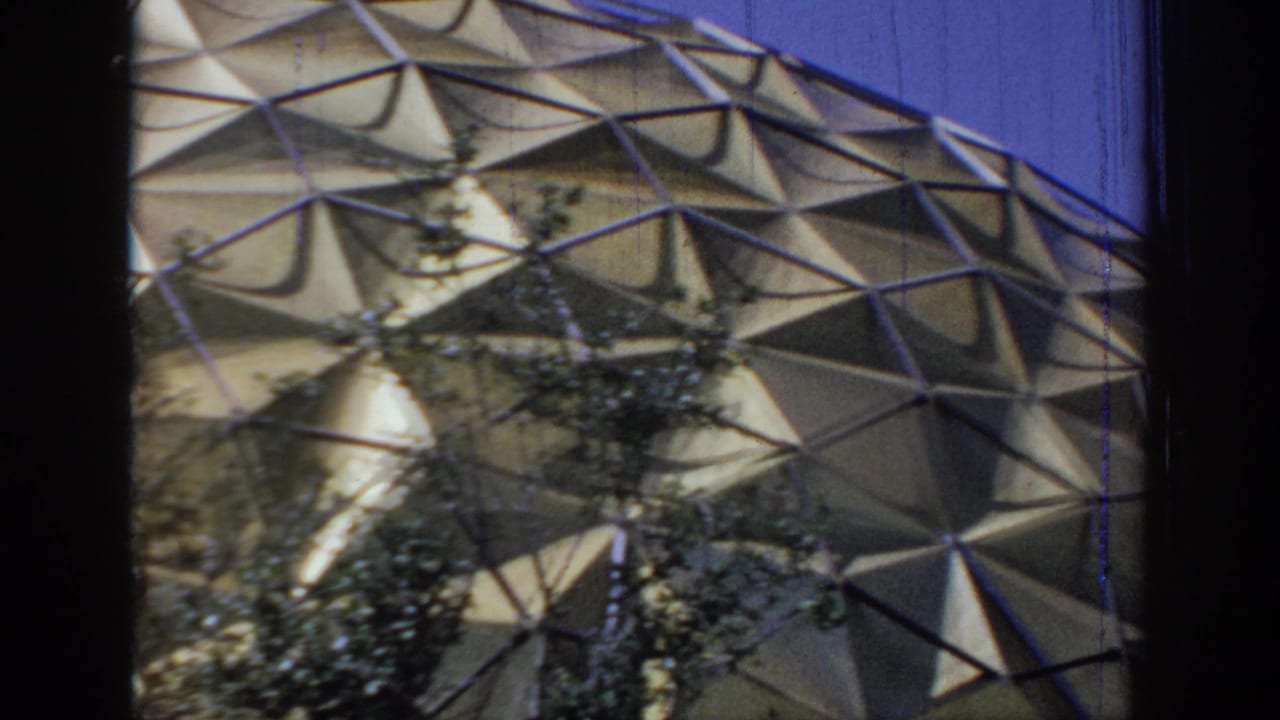 Curving faceted dome surface in Oklahoma, 1967, filmed from outside with branches silhouetted against the structure.