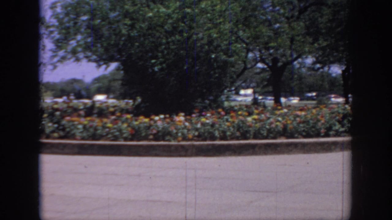 1967 Oklahoma 8mm frame showing colorful flower beds, trees, pavement, and dark window framing in the foreground.