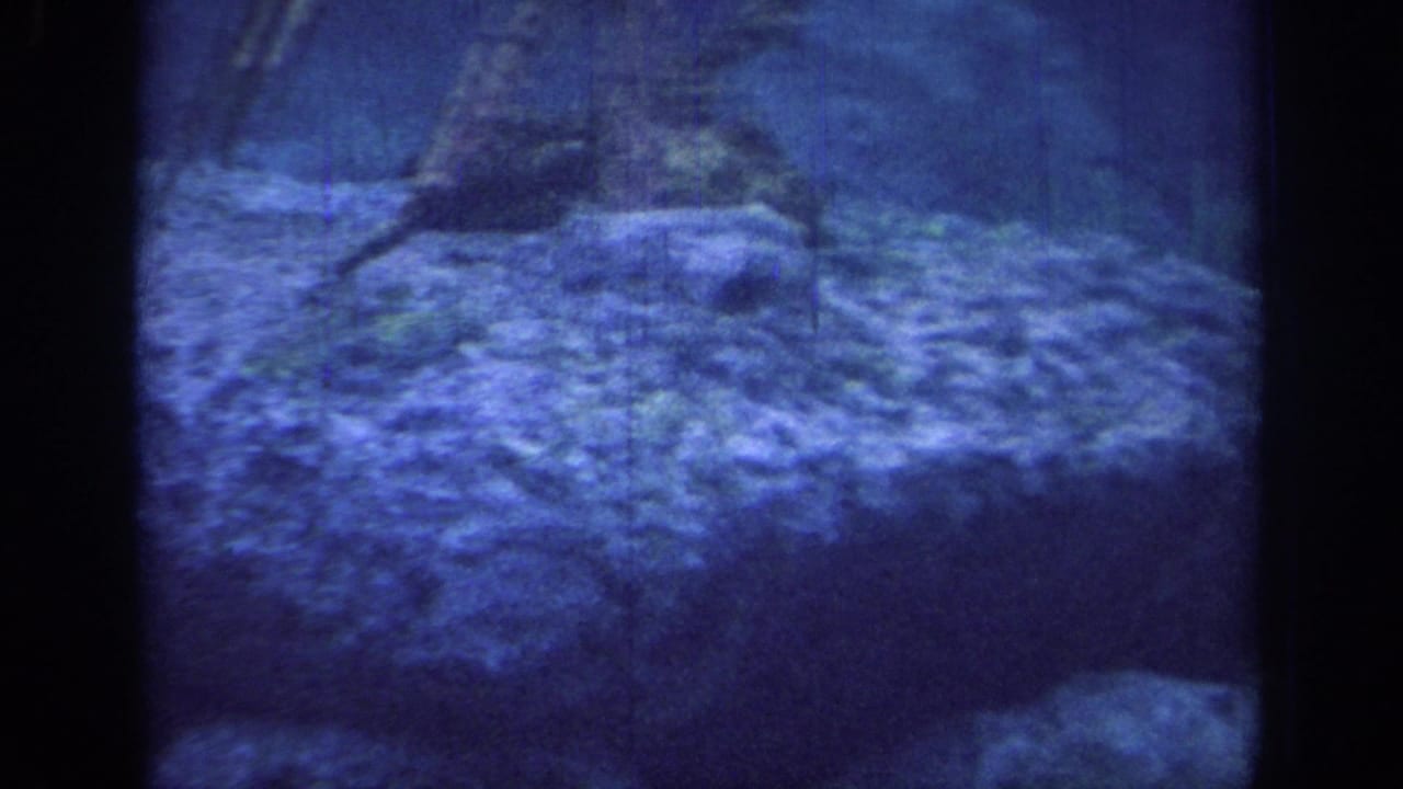 Blue-shifted 1967 8mm frame from Oklahoma showing a rocky ledge or peak area with dark tree forms and film gate edges.