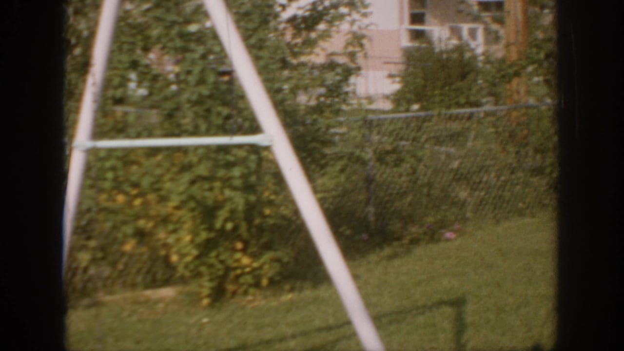 Backyard lawn and bushes behind a chain-link fence with white A-frame supports in view.