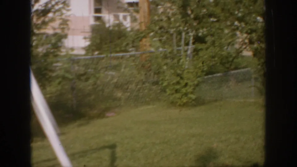 1967 Oklahoma backyard frame with grass, thick greenery, chain-link fence, house exterior, and a partial white support pole.