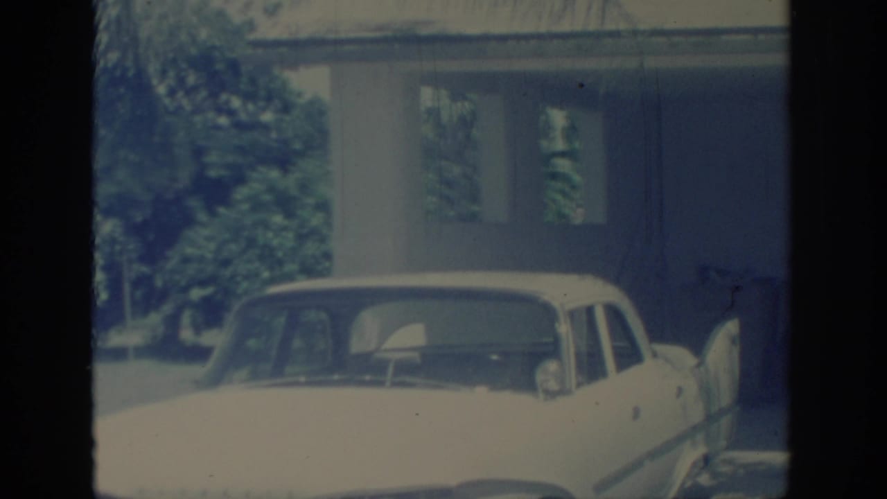 White car in a driveway with a house, carport, trees, and shrubs behind it.