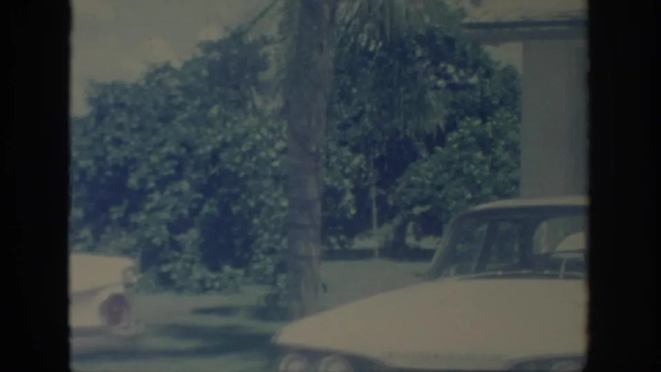 Final 1967 Oklahoma frame showing the white car partly cropped at right with dense greenery, lawn, and a tall palm-like trunk.