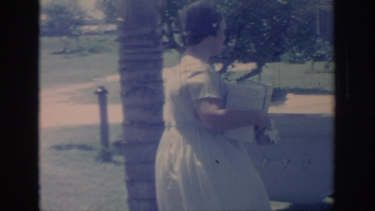 Woman in a light dress walks past a palm trunk holding an item.