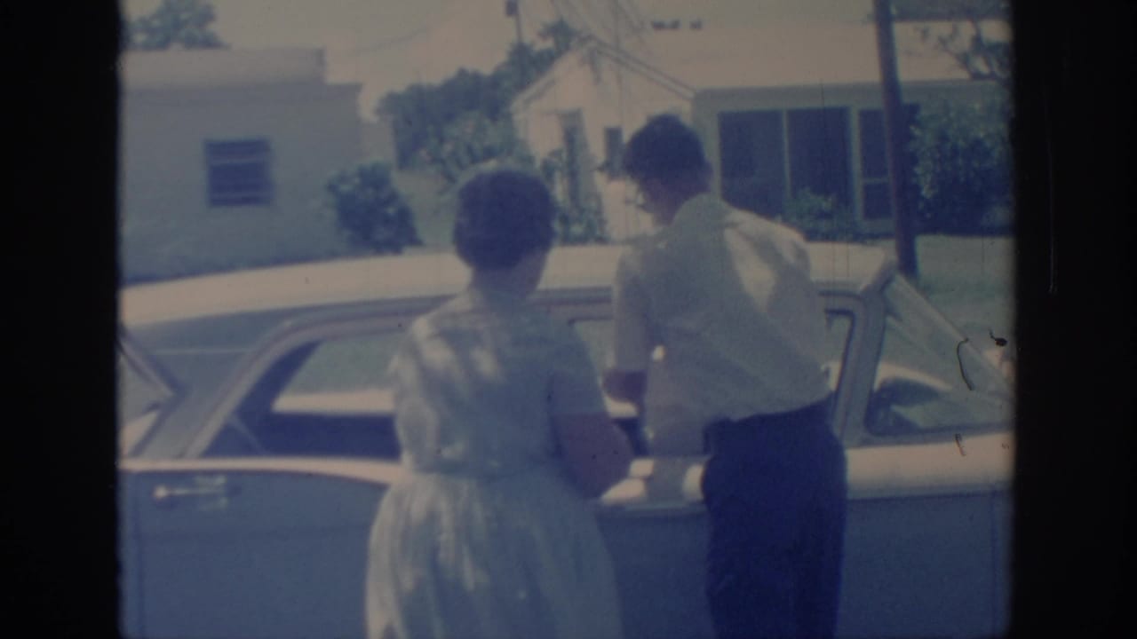 Woman and man face a parked sedan with a house and greenery behind them.