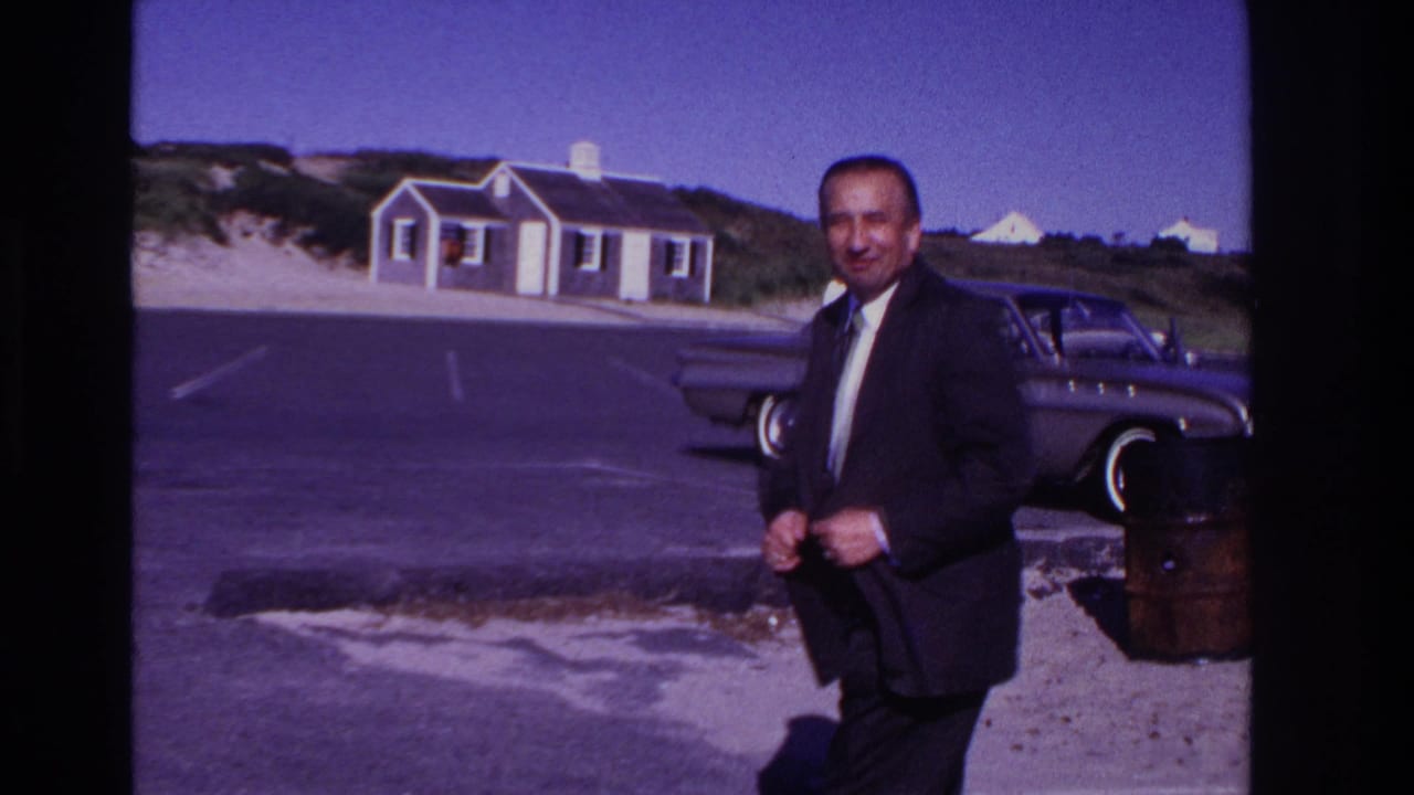 Man in a dark suit stands beside a parked car near a small beachside building.