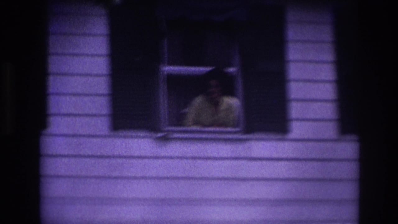 Woman partly visible at a right-side open window behind dark shutters.