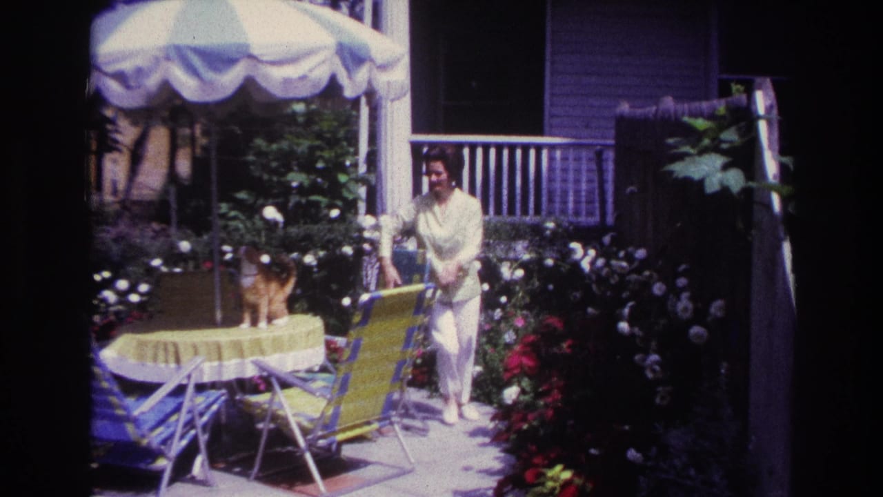 Woman stands beside a patio table while a cat sits near the umbrella in the backyard.