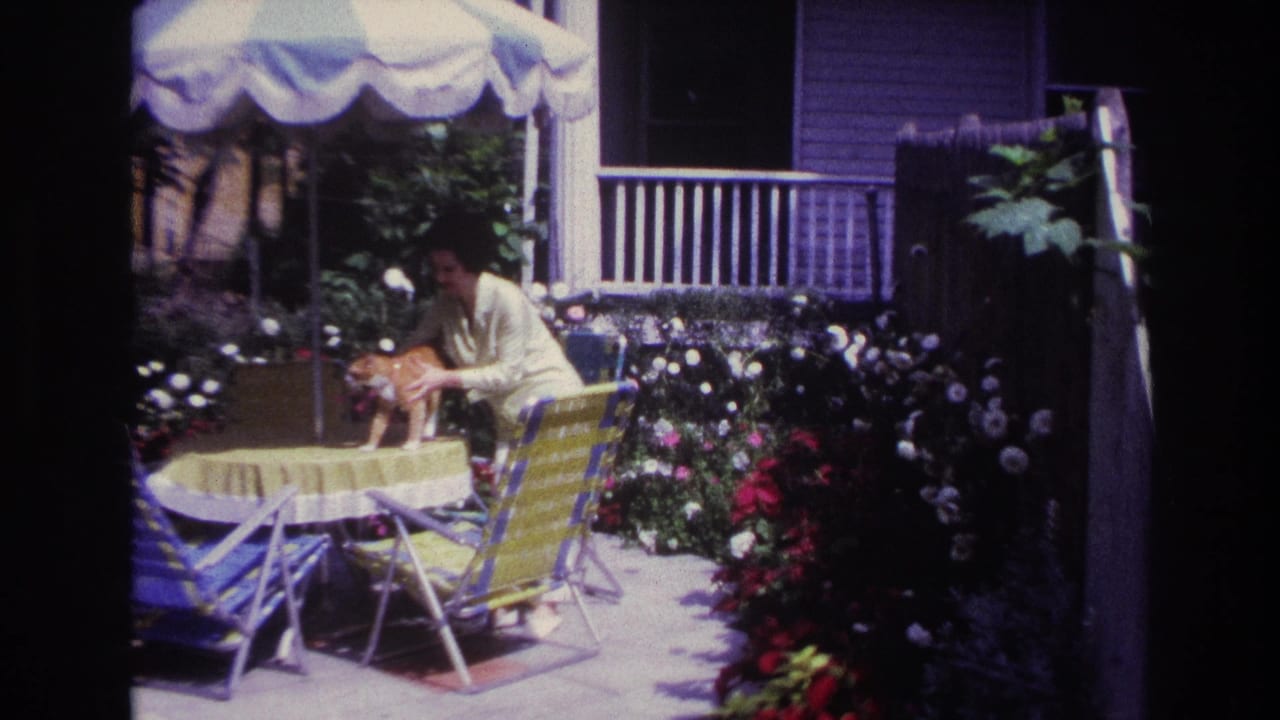 Woman leans over a patio table while petting a cat under a striped umbrella near flower beds.