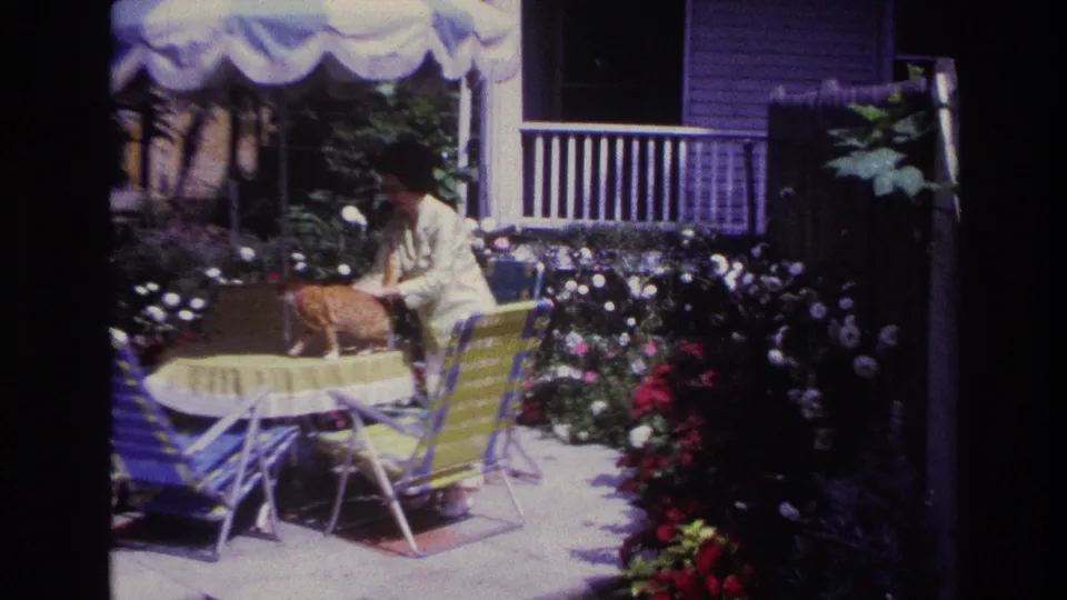 The cat stands on the yellow-covered patio table while the older woman touches its back in 1967 Rockaway Beach home footage.