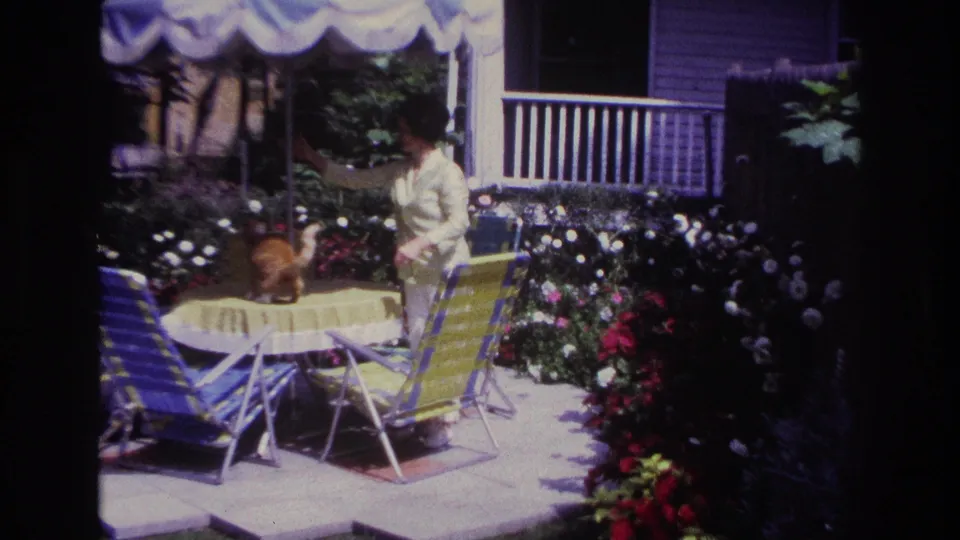 At the end of the Rockaway Beach patio scene, the older woman stands beside the table while the orange-and-white cat moves on the cloth.
