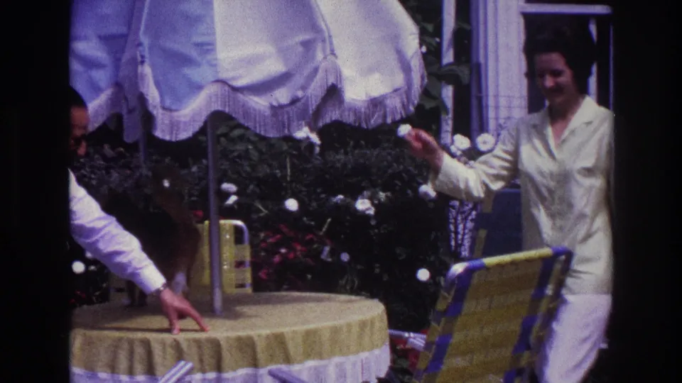 At the end of the Rockaway Beach 1967 clip, the woman stands beside the patio table while the man reaches toward the partially visible cat.