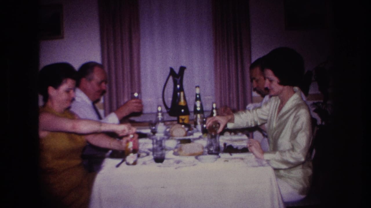 Adults around a dining table as one person reaches across near glasses and bottles.