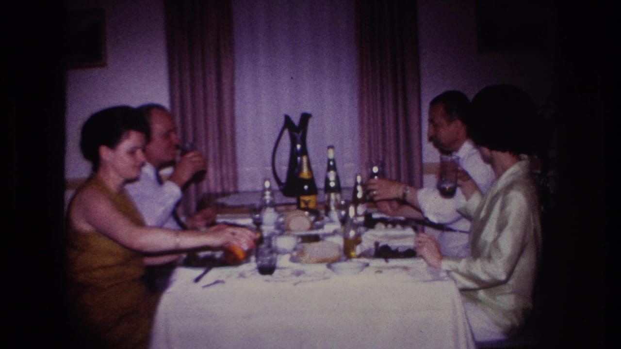 Adults sit around a dinner table with glasses, bottles, plates, and a dark pitcher.